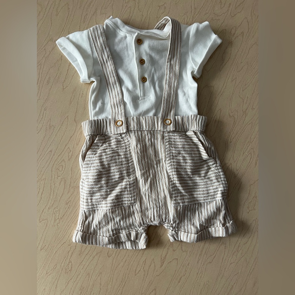 Striped Tan Kids Overalls 4-6 Months
